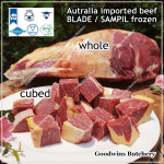 Beef BLADE Australia frozen daging sapi sampil CUBED-DADU RENDANG / CURRY BITE-SIZE 2cm 5/8" (price/pack 600g +/-50pcs) any brand in stock; GBP, WMPG, RALPHS or AMH